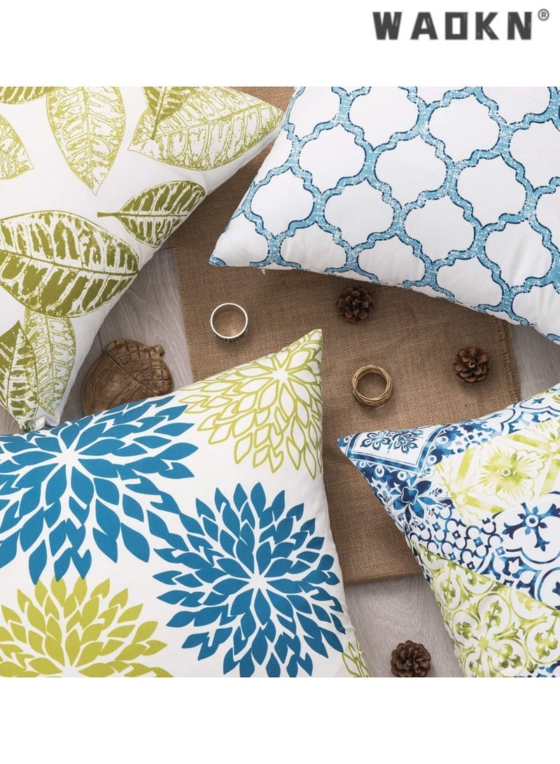 WAOKN Fresh Living Blue&Green Accent ，Simple geometric printing abstract floral linen pillow cover peach skin sofa pillowcase cushion cover，Decorative Throw Pillow Covers Pillow Covers for Couch Sofa Living Room Bedroom,Farmhouse Outdoor Throw Pillow Cover,Modern Geometric Square Throw Pillow Case Set of 4 - Image 4